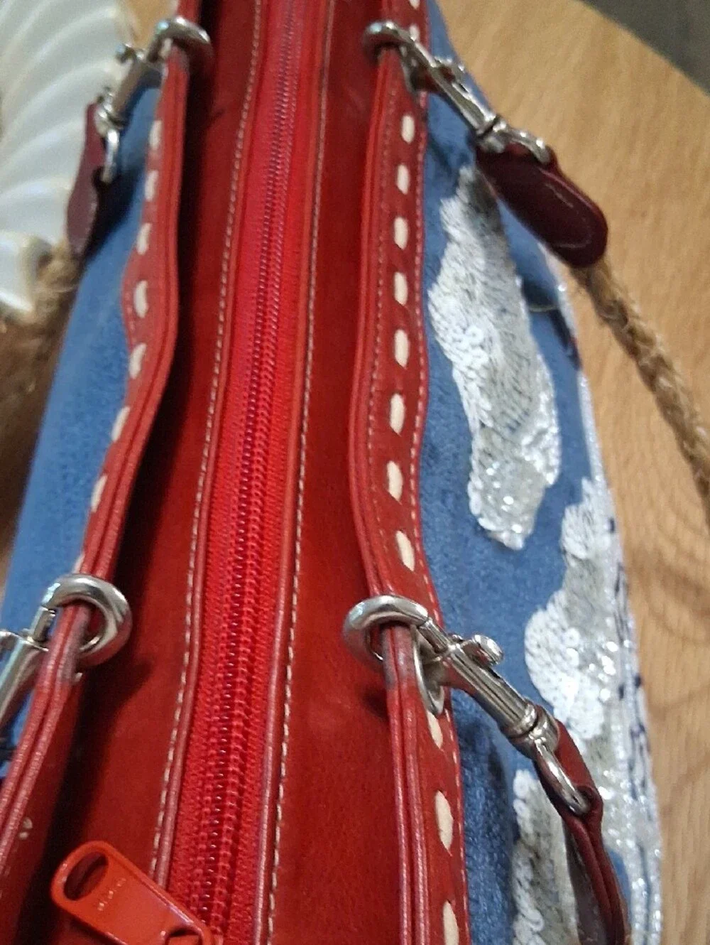 Isabella Fiore Blue Denim Seaside Embroidered Tote with Red Trim